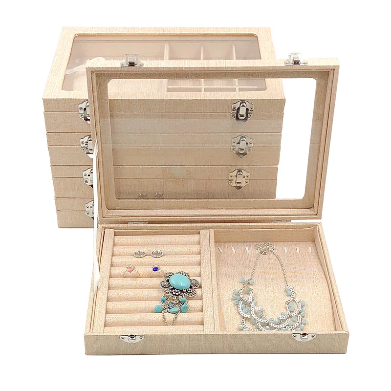 Velvet Carrying Case with Glass Cover Jewelry Ring Display Box Tray Holder Storage Organizer Earrings Bracelet | Украшения и