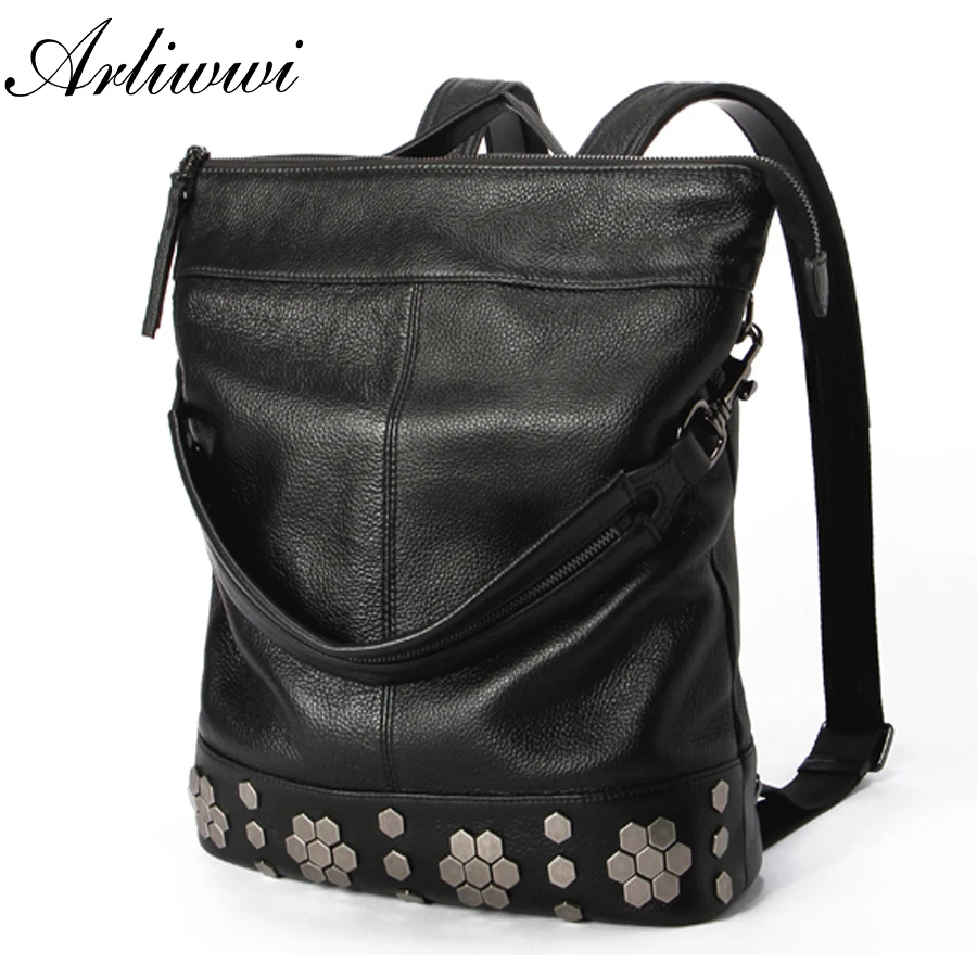 Arliwwi Brand Leisure Style Black Color Backpack Multi Functional Large Capacity Women Shoulder Bag With Flower Decoration G09