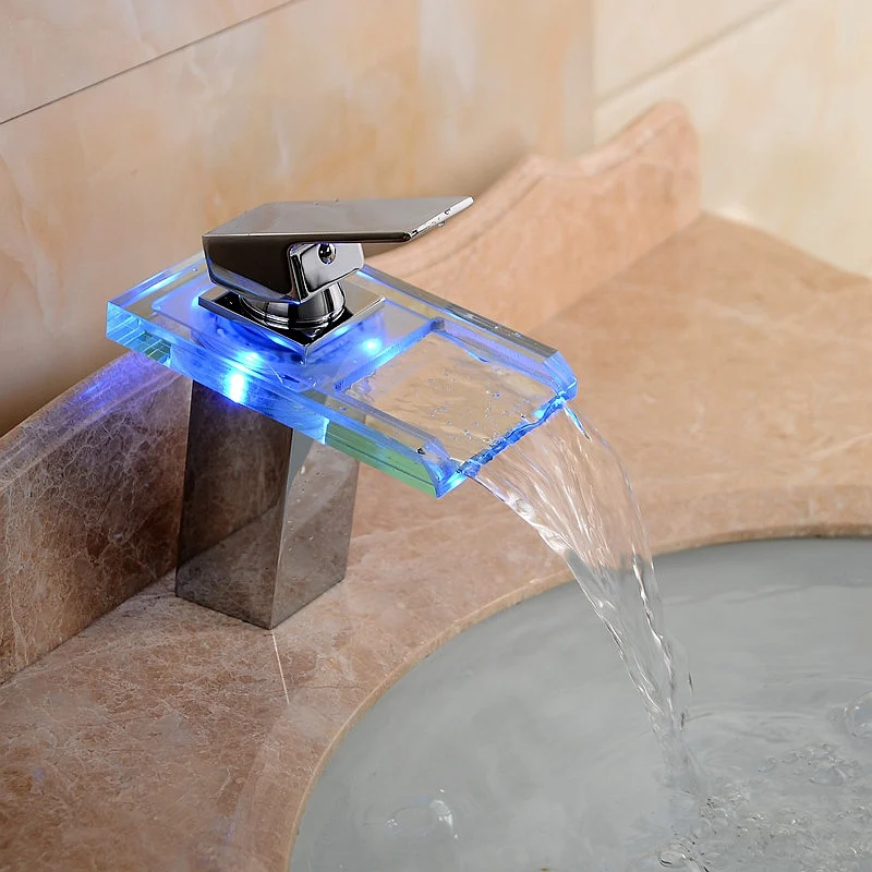 

LED Basin Faucet Brass Waterfall Temperature Colors Change Bathroom Mixer Tap Deck Mounted Wash Sink Glass Taps