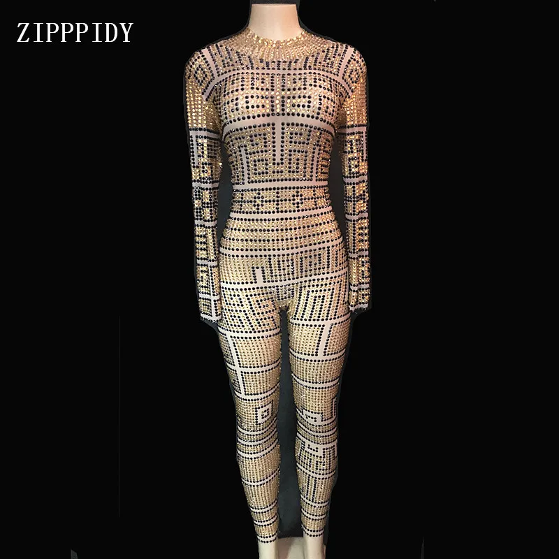 Полный черный Золотой Стразы на сетчатой основе комбинезон Прозрачный блестящий