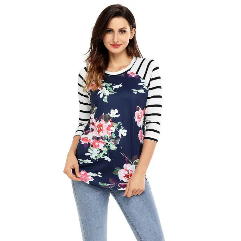 Женская тонкая приталенная рубашка NFIVE сезон весна-осень полосатая с цветочным