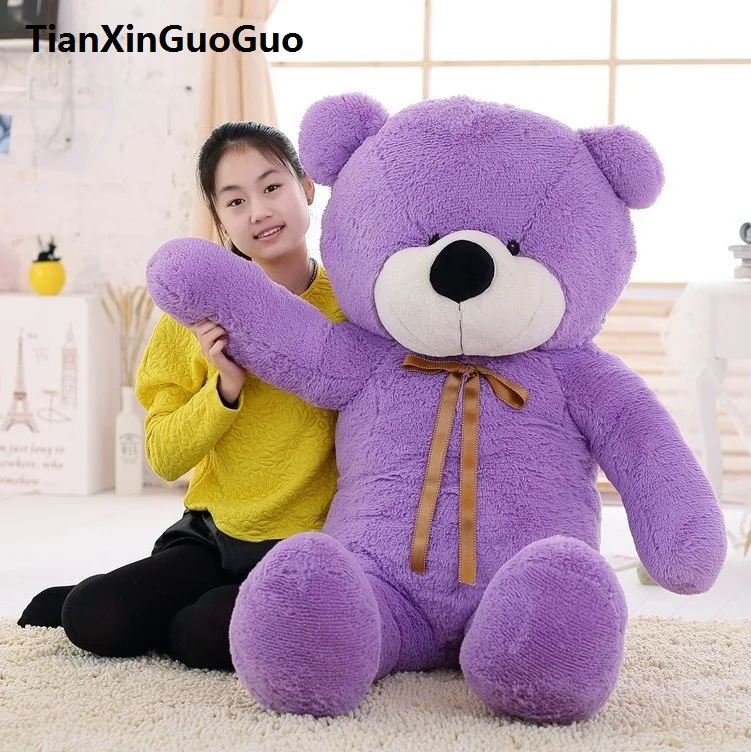 

fillings toy large 140cm silk belt bear plush toy purple teddy bear doll soft hugging pillow Christmas gift w0187