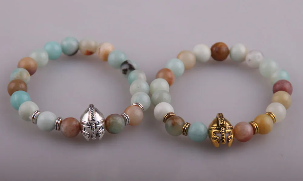 MOODPC Fashion Women Dress Armband 8mm Amazonite Natural stone Antique Gold Roman Warrior Gladiator Helmet Bracelet | Украшения и