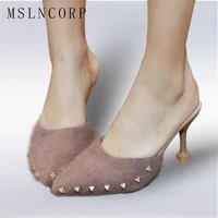 size 34 43 new fashion pointed toe spring autumn summer flock shoes woman elegant high heels women slippers pearls rivets slides