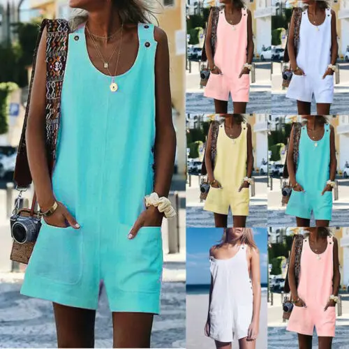 

New Fashion Women's Solid-color U-neck Sleeveless Pockets Loose Linen Cotton Playsuit Lady Summer Casual Comfortable Cloth S-3XL