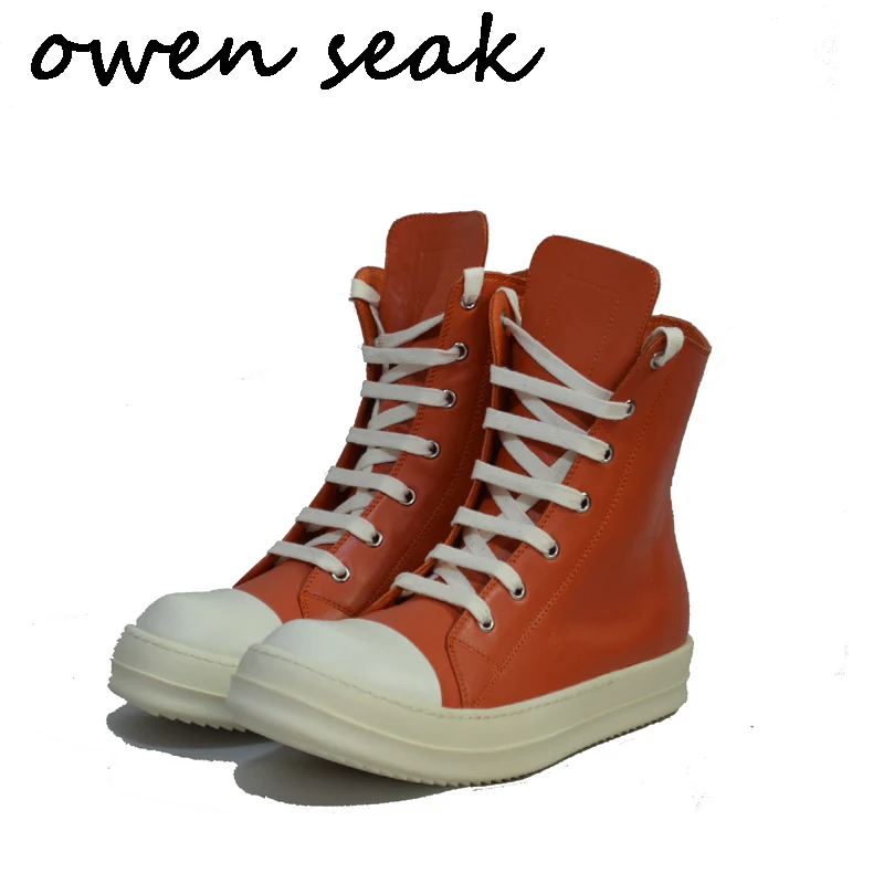 Bestellen Owen Seak Männer Casual Schuhe Aus Echtem Leder High-TOP Stiefeletten Sneaker Luxus Trainer Männlich Lace-up Zip Flache Orange Große Schuhe