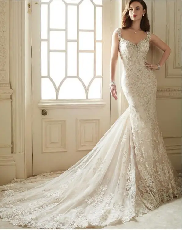 Высокое Качество 2017 Длинные Тюль Русалка Свадебные Платья Милая Бретельках