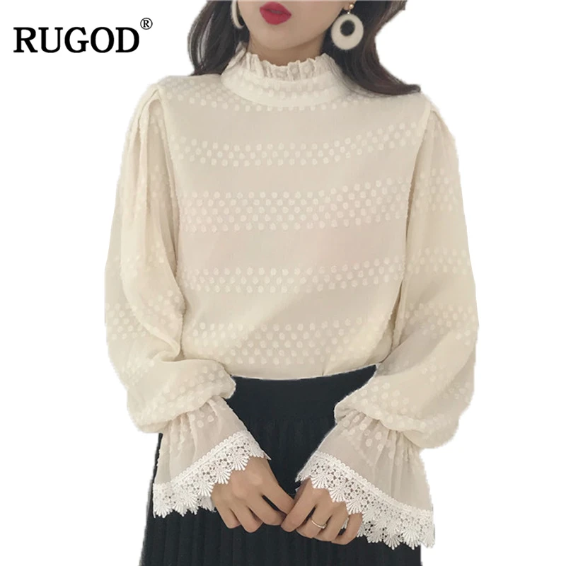 RUGOD/однотонная кружевная блузка с v-образным вырезом и круглым для женщин Модная