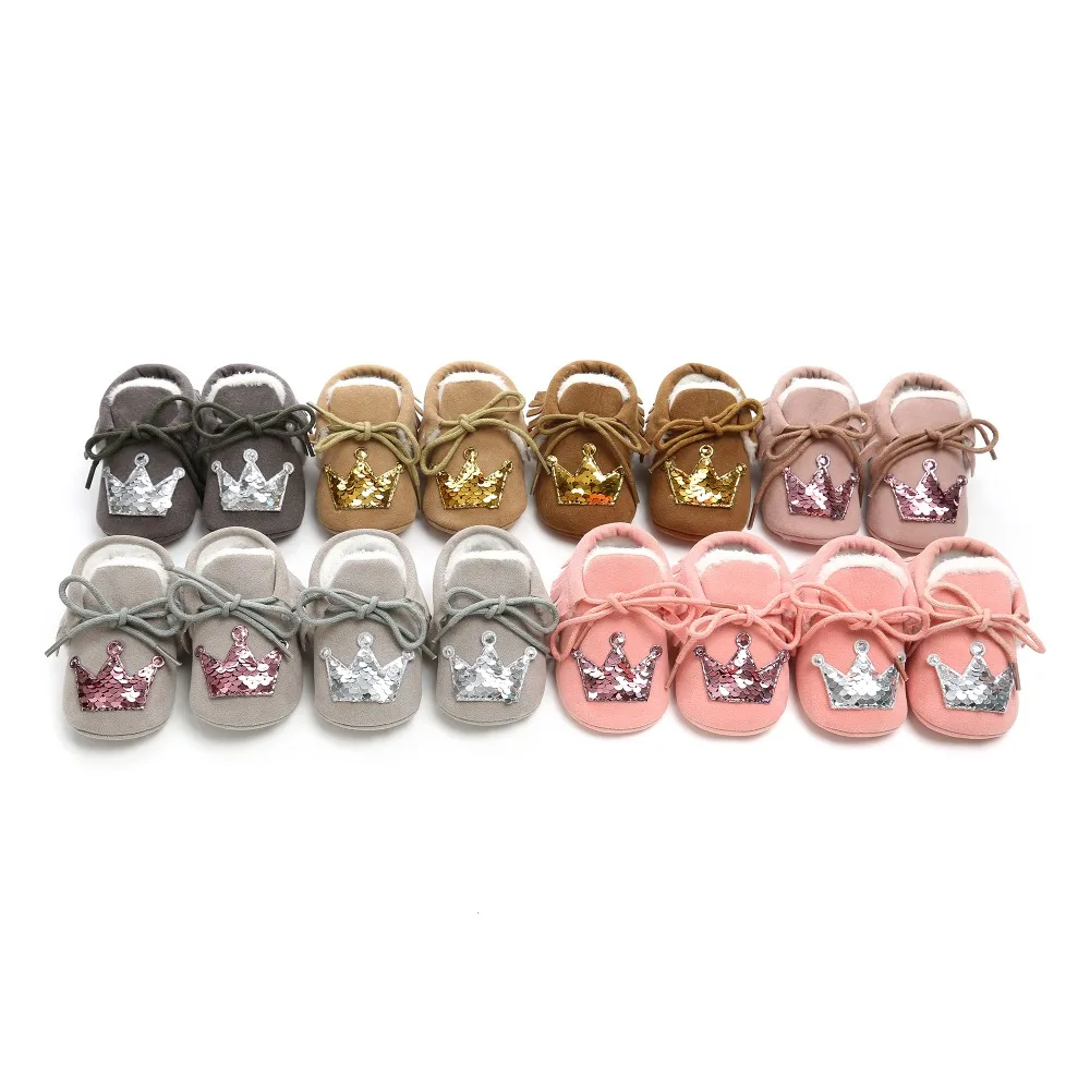 

Newborn Baby Boys Girls Shoes PU Suede Leather Christmas Crown Fringe Soft Soled Non-slip Footwear Crib Shoes Bling boots