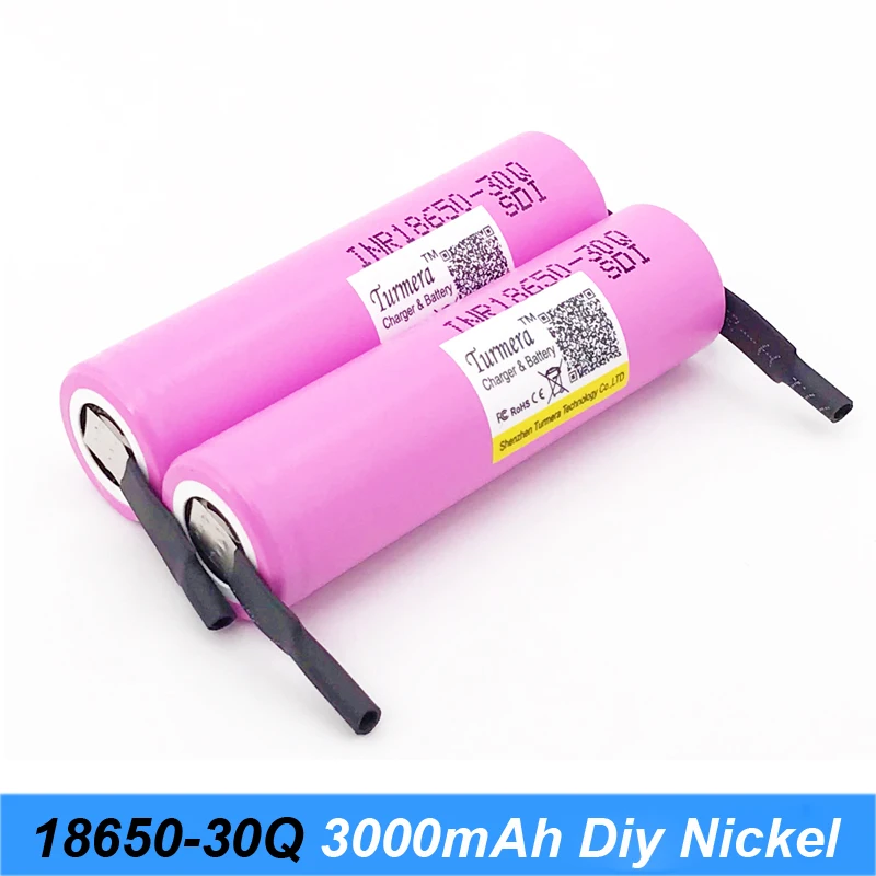 Новый аккумулятор 18650 30Q 3000 мАч INR18650 20 Ампер со сварными полосками батареи для
