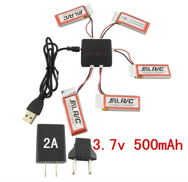 BLLRC helicopter lithium battery hubsan X4 H107 H107D/C SYMA X5C X5SW aircraft spare parts 5PCS 3.7V 500mah and 5 in 1 charger | Игрушки и