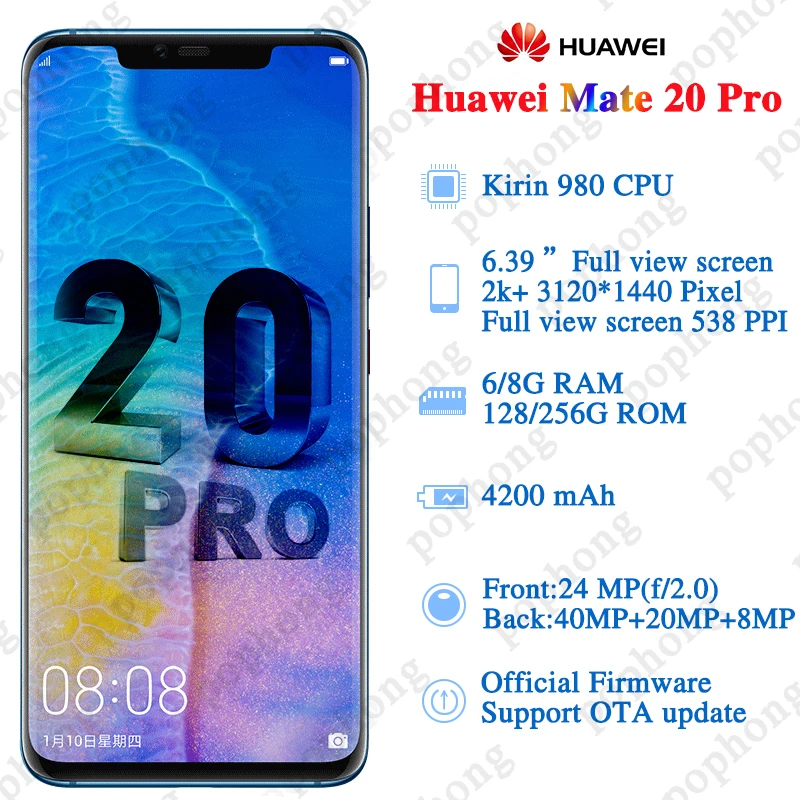 Мобильный телефон HUAWEI mate 20 Pro, 6 ГБ, 128 ГБ, 6,39 дюймов, OLED, Kirin 980, Восьмиядерный, водонепроницаемый, IP68, 40 МП, 4 камеры, Quickcharge
