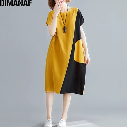 DIMANAF женское платье большого размера, модное лоскутное женское платье Vestidos, свободное базовое летнее платье из хлопка, большой размер - Цвет: Jing95160CN-huang