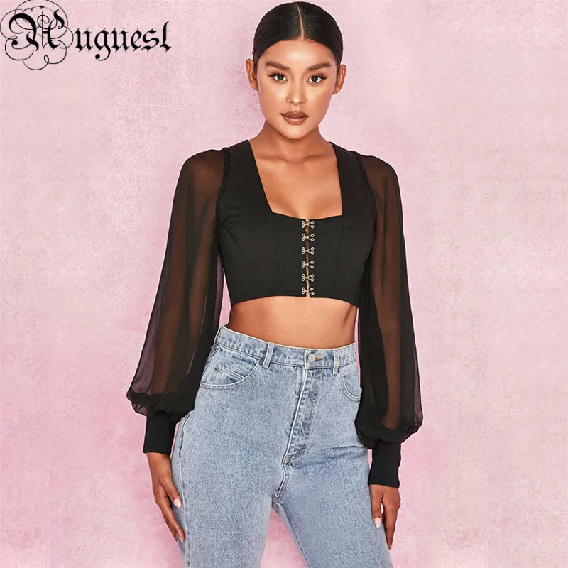 Uguest Women Mesh See Through Top Square Collar Patchwork Long Lantern Sleeve Short With Sleeves Black T-shirts Summer | Женская одежда