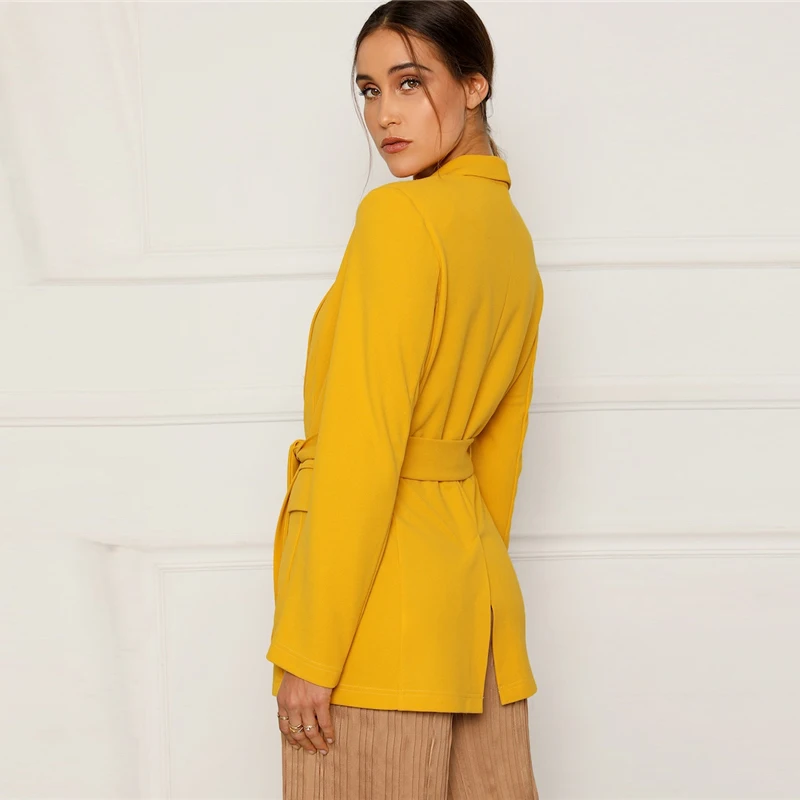 SHEIN Однотонный Блейзер С Поясом, Жакет С Длинным Рукавом, Яркий Блейзер В Стиле Минимализм