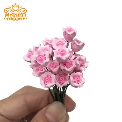 Pink rose 10pcs 1/12 кукольный домик Миниатюрный глиняный цветок красные розы Желтые ромашки голубая бабочка Орхидея партия 10 шт. цветок - Цвет: Pink rose 10pcs