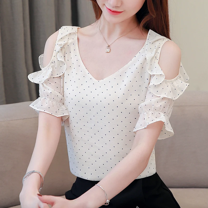 Модные летние шифоновые женские блузки в горошек с коротким рукавом белые