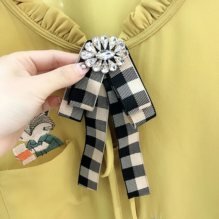 Винтажная Женская Брошь с большим клетчатым бантом из ленты блестящими камнями