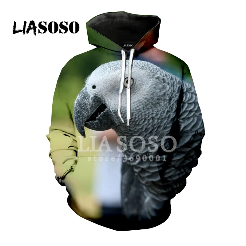 1 LIASOSO, толстовка с капюшоном, 3D принт, унисекс, забавный серый попугай, птицы, толстовки с капюшоном, хипстер, повседневная верхняя одежда в стиле хип-хоп, топы A732 - Цвет: 1