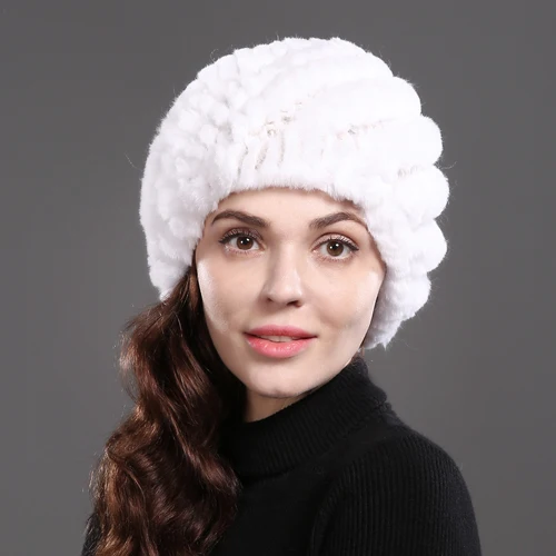 white Горячая Распродажа, Женский Настоящий мех кролика, шапка, Настоящая Натуральная шапка из меха кролика Рекс, хорошее качество, эластичные вязаные шапки из меха кролика рекс - Цвет: white