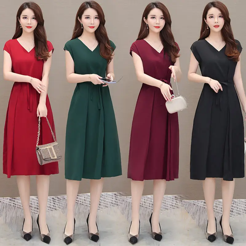 Большие размеры Корея Новая мода элегантное красное однотонное шифоновое платье