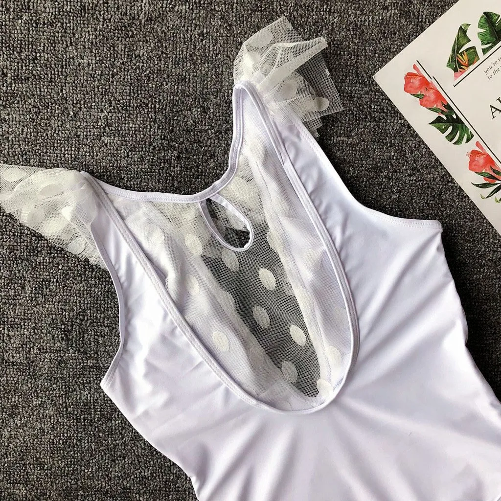 

2019 Strap Hollow Lace Gauze One Piece Swimsuit Patchwork Ruffle Swimwear Women Swimsuit Sexy Padded Dot Maillot De Bain Femme