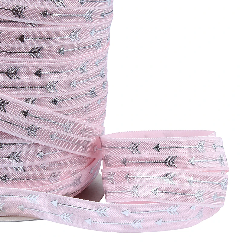 

Flora Ribbons arrow printed silver foil foe elastic ribbon, 5/8" high quality silver foil printed fold over elastic for hair tie