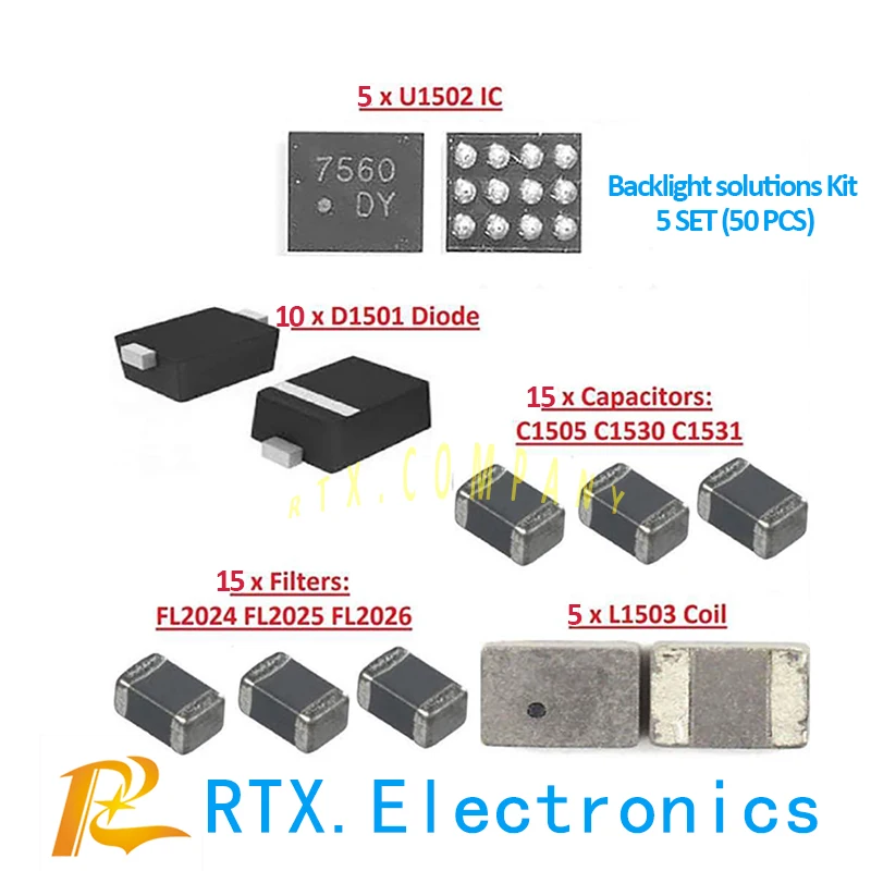 

5set(50pcs)Backlight solutions Kit for IPhone 6 6Plus IC U1502+Coil L1503+Diode D1501+Capacitor c1530/31/05 + Filter F2024/25/26