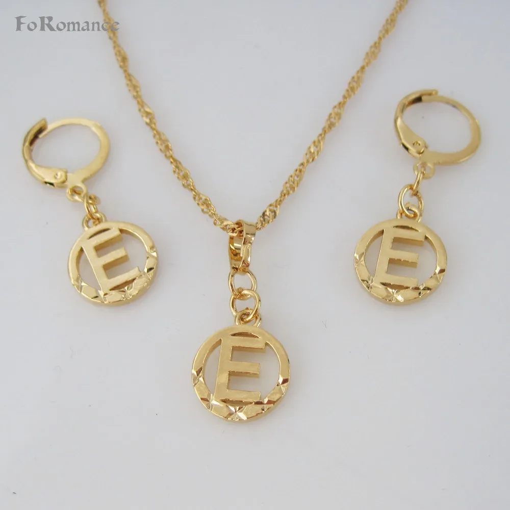 FoRomance- HIGH QUALITY GOLD GP 26 LETTERS INITIALS FROM A TO T CIRCLE STAR CARVED PENDANT 18&quot WATER WAVE NECKLACE EARRING SET |