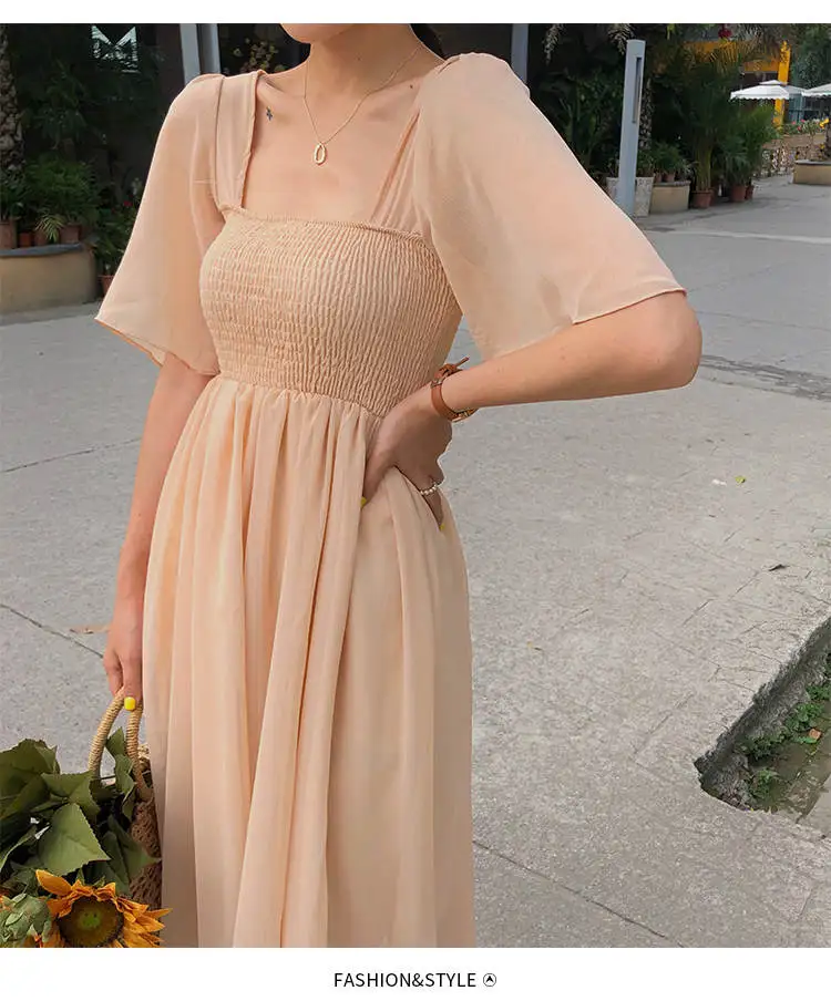 light orange RUGOD новое летнее женское однотонное шифоновое платье квадратный воротник половина рукава Плиссированное эластичное ТРАПЕЦИЕВИДНОЕ ПЛАТЬЕ Сказочный темперамент - Цвет: light orange