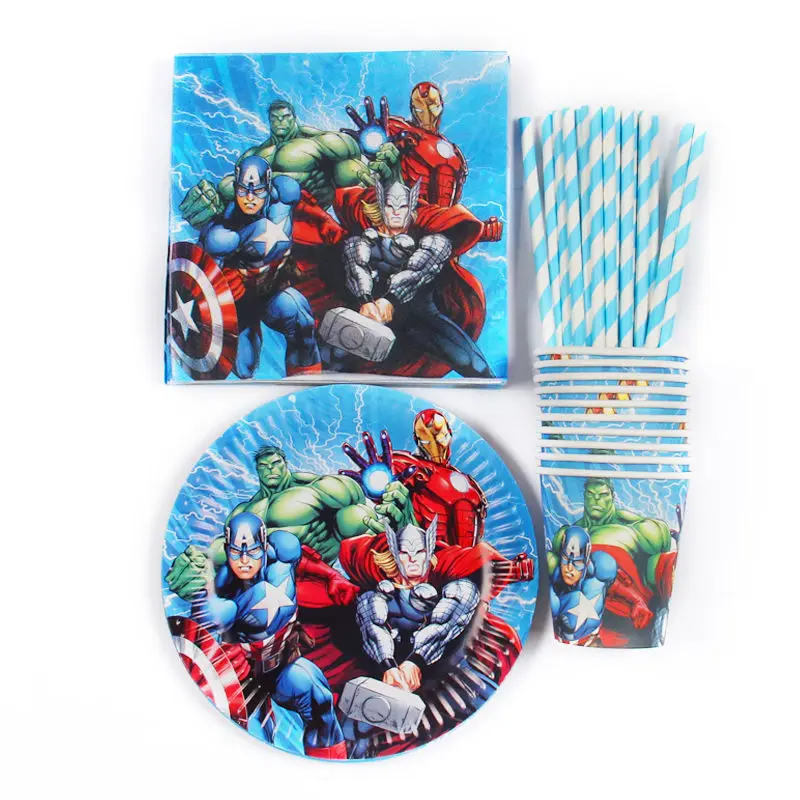 Avengers 85 шт. День Рождения украшения Мстители/Капитан Америка/Железный человек тематические бумажные тарелки и стаканы Детские душевые салфетки Дети сувениры соломы - Цвет: Avengers