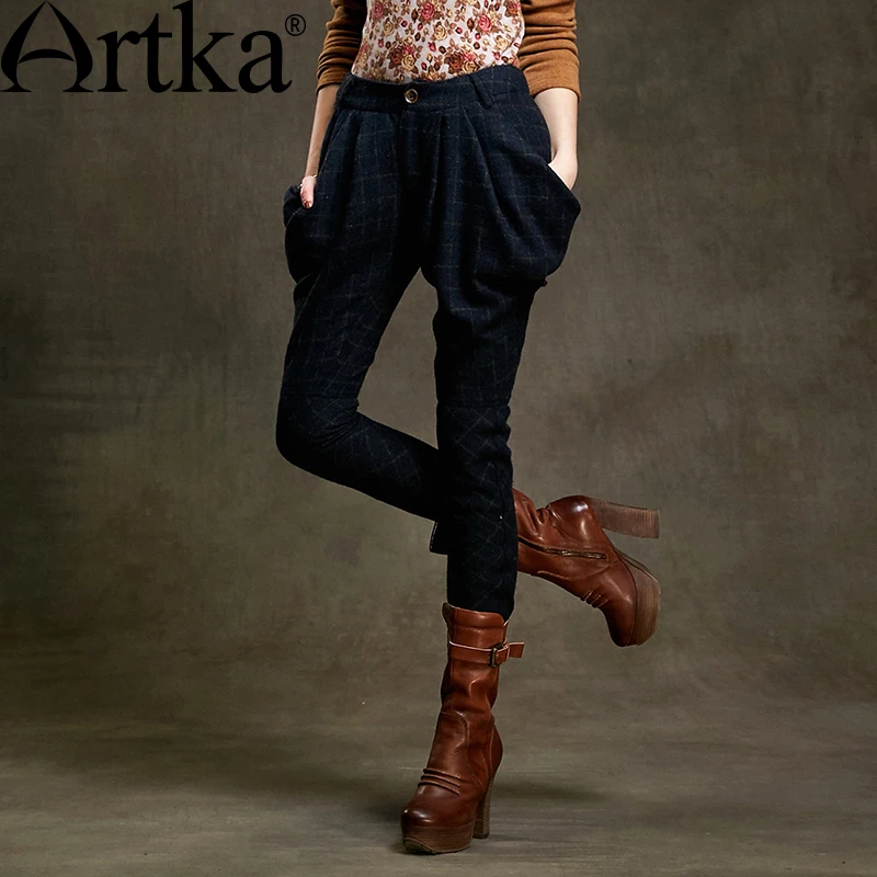 ARTKA женские весенние новые винтажные хлопковые Клетчатые Шерстяные Брюки