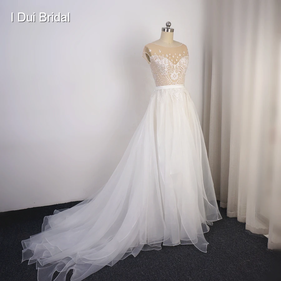 Cap Sleeve Sparkle Wedding Dress with Organza Ruffles Illusion Neckline Shinny Bridal Gown | Свадьбы и торжества