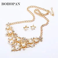 elegant women wedding jewelry sets for brides simulated pearl jewelry flower crystal gold silver necklaces earrings bijoux set