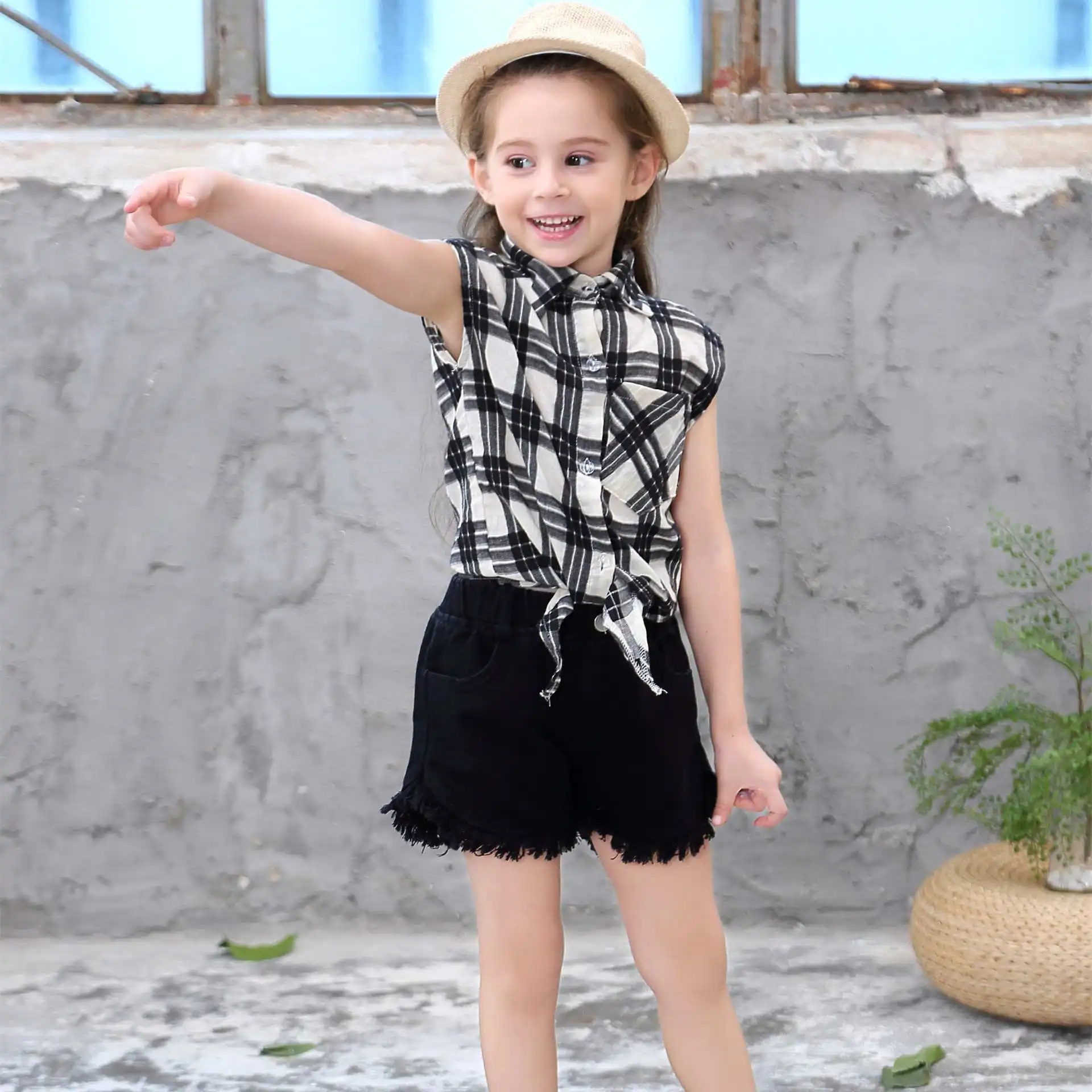 1141 clothing set Летний комплект одежды для девочек 3-11 лет, ins, хлопковый костюм в черно-белую клетку для девочек+ повседневные шорты, детская одежда из двух предметов - Цвет: 1141 clothing set