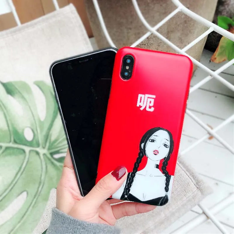 JIBAN Art wind girl Red Phone Case for iPhone X Soft TPU IMD frosted Cases iphone 8 7plus 6s 6plus protective phone Cover |