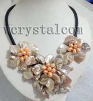 charming real cultured freshwater pearl white shell flower necklace leather bib women floral statement necklace collar