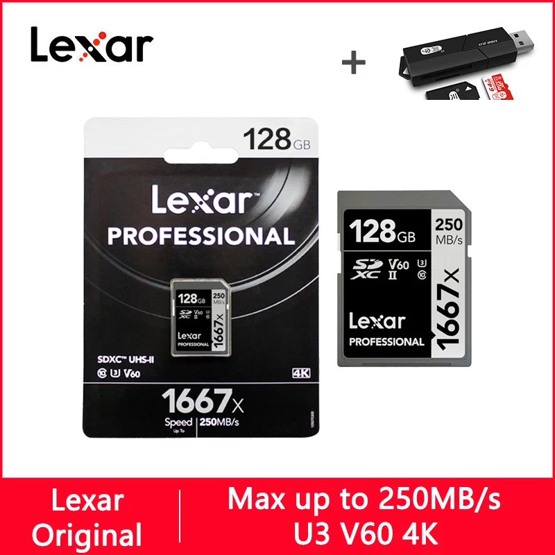 

Lexar 1667X SD Card 128GB 64GB 256GB Class 10 U3 V60 Memory Card 64 128 gb 250MB Flash Card SD Memory Carte for Camera SDXC SDHC