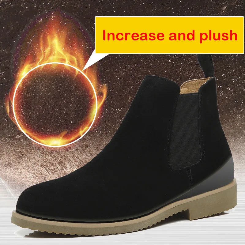 Plush increase black Misalwa/роскошные ботинки «Челси»; мужские классические простые Замшевые Зимние ботильоны; Мужские модельные ботинки на плоской подошве, визуально увеличивающие рост - Цвет: Plush increase black