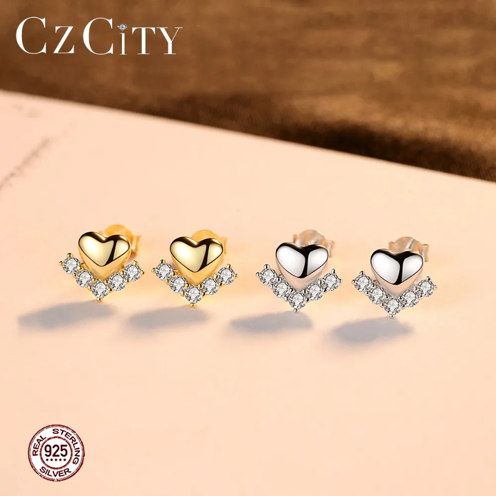 CZCITY новый 100% 925 стерлингового серебра одноцветное сердце серьги со шпилькой для