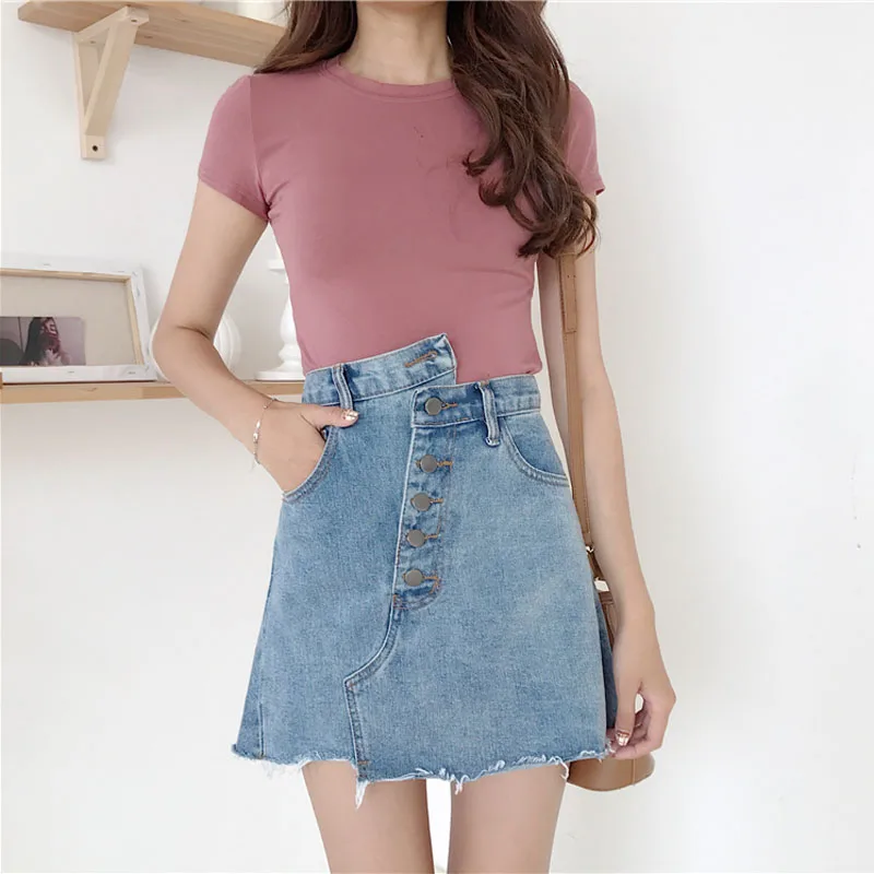 Denim Skirts For Women 2018 Summer Cotton A-line Mini High Waist Irregular Pleated Skirt Female #2878 | Женская одежда