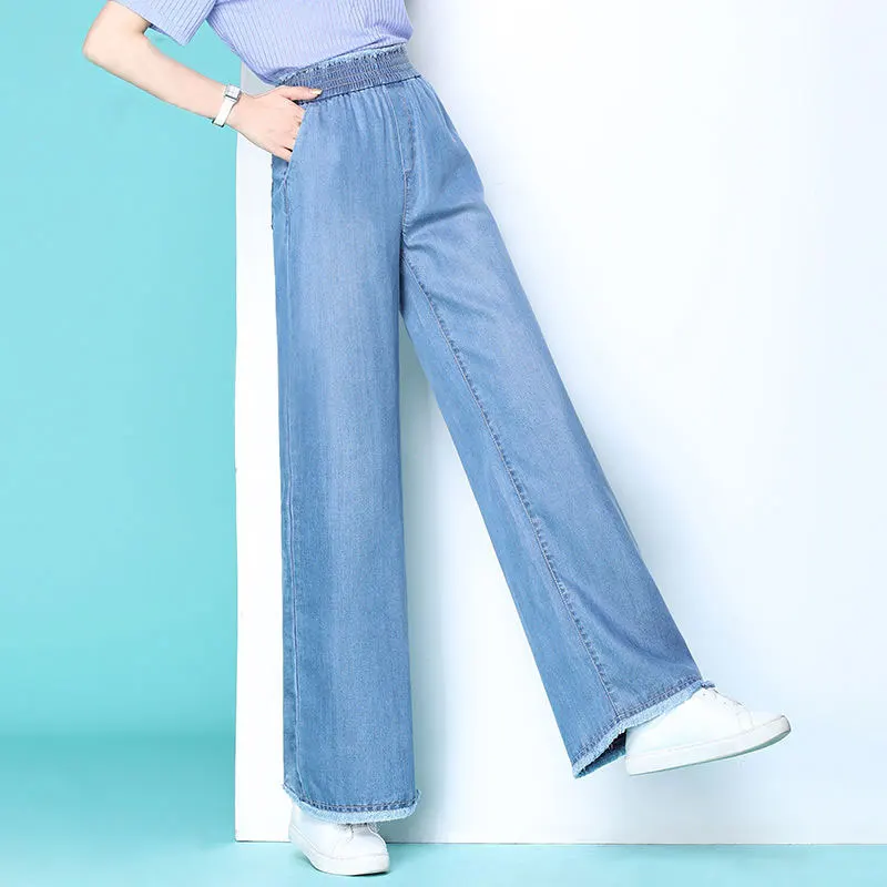 Spring Summer New Fashion Women Tencel Wide Leg Pants High Waist thin Straight Trousers Blue Denim Casual Long D59 | Женская одежда