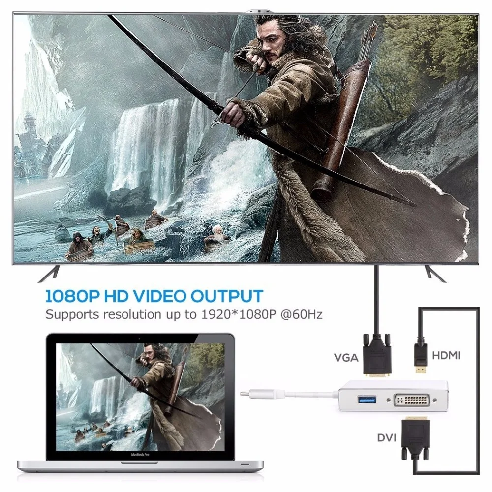 BESIUNI 4 в 1 type C папа-HDMI+ VGA+ DVI+ USB 3,0 Женский видео адаптер Алюминиевый адаптер 4K 1080P конвертер для Macbook