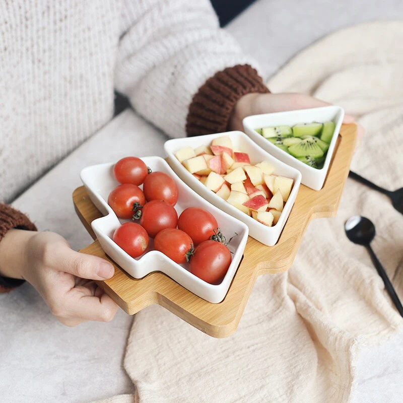 Ceramic Plate Food Tray Wood Stand Christmas Tree Shape Flat Dish Creative Decoration Container Sushi Assiette | Дом и сад