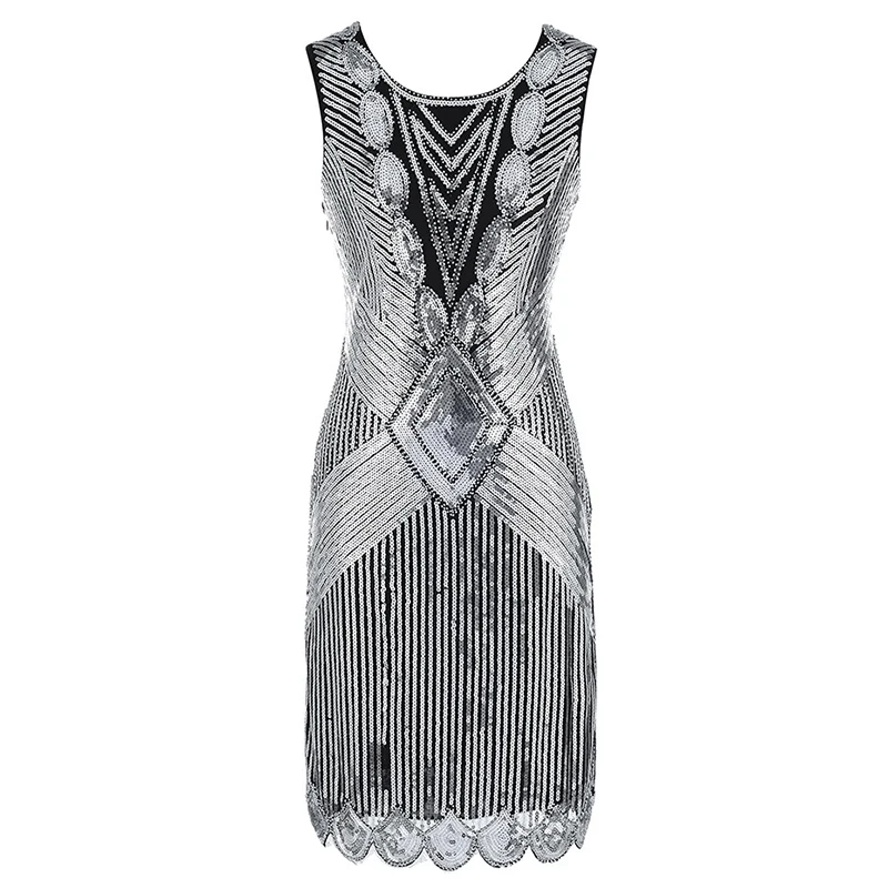 silver 1920s Хлопушки Ревущие 20s большой Гэтсби костюм бахромой блесток бисером платье и украшенные арт-деко платье аксессуары XXXL - Цвет: silver