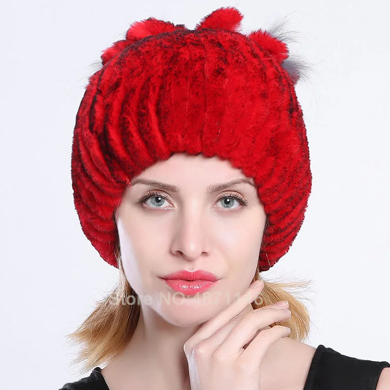 New winter women girls rex rabbit fur hat sweet flowers Elastic woollen Knitting lining hats caps Skullies Beanies | Аксессуары для
