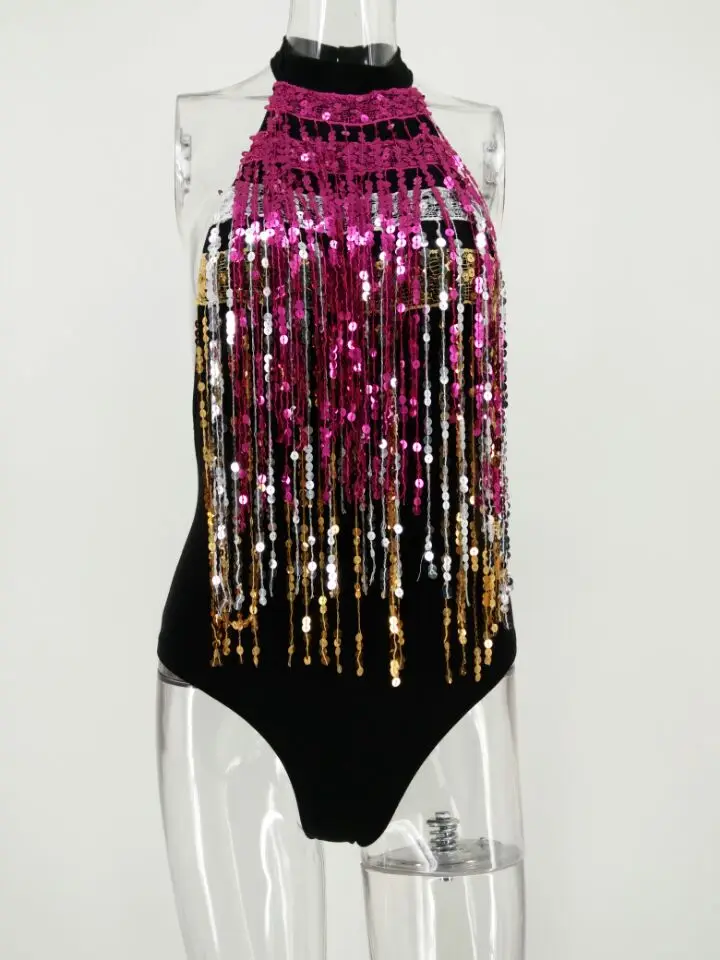

Reaqka 2018 New Sexy Women Halter Color Sequins Tassel Bodysuits Summer Beach Party Short Vintage Club Elegant Jumpsuit Rompers