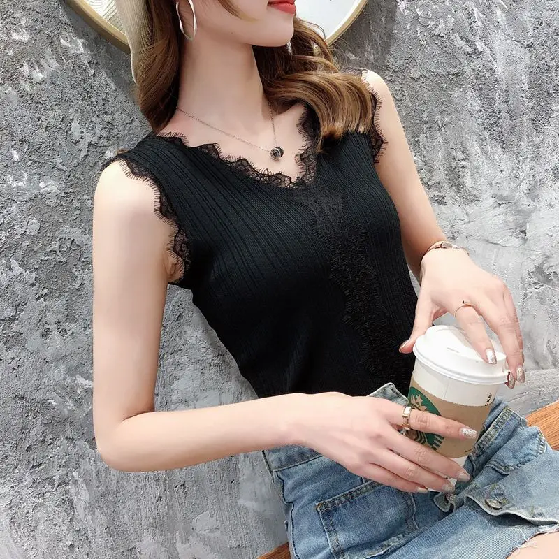 Ремень жилет женский летний внутри взять сексуальную кружевная машина тщательно носить пальто без рукавов черно-белый вязаный поддерживающий - Цвет: see chart