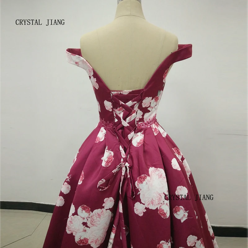 

Formal Dresses 2019 Off the shoulder Wine Floral Printed Custom made Size Sweep Train Ball Gown Formal Evening Dresses
