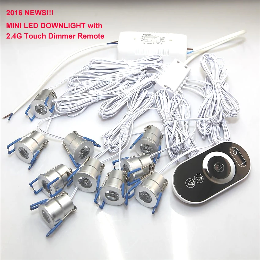 10pcs 3W LED Downlights with 2.4G LED dimming driver and Touch Dimmer Remote and 1 to10 Distributor for Cabinet Light